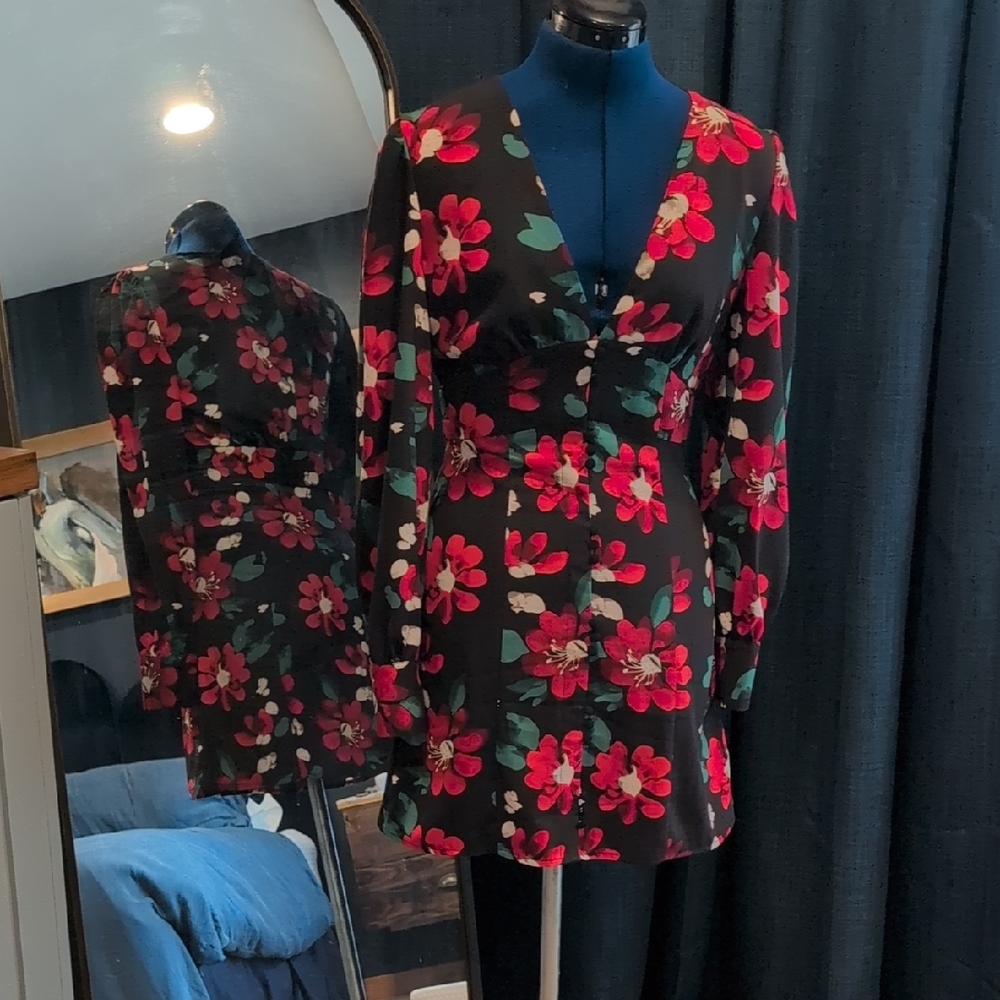 Black Mini Dress with Red Floral Print